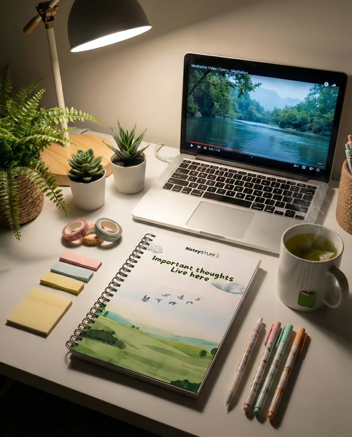 Important Thoughts A5 spiral notebook with a forest landscape cover