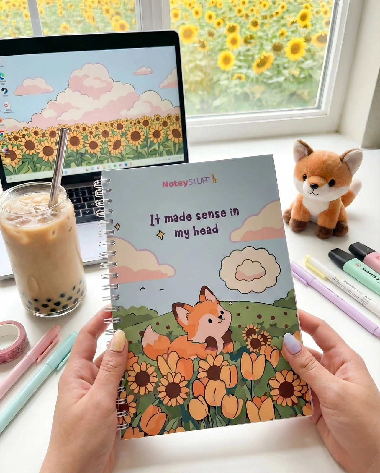 It Made Sense in My Head A5 spiral notebook with a sunflower and fox cover